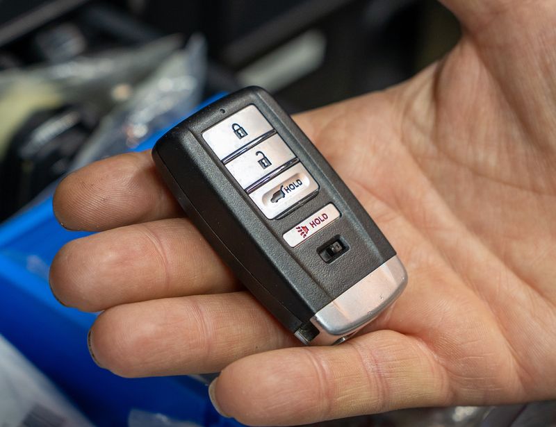 A car key fob held in an open hand.